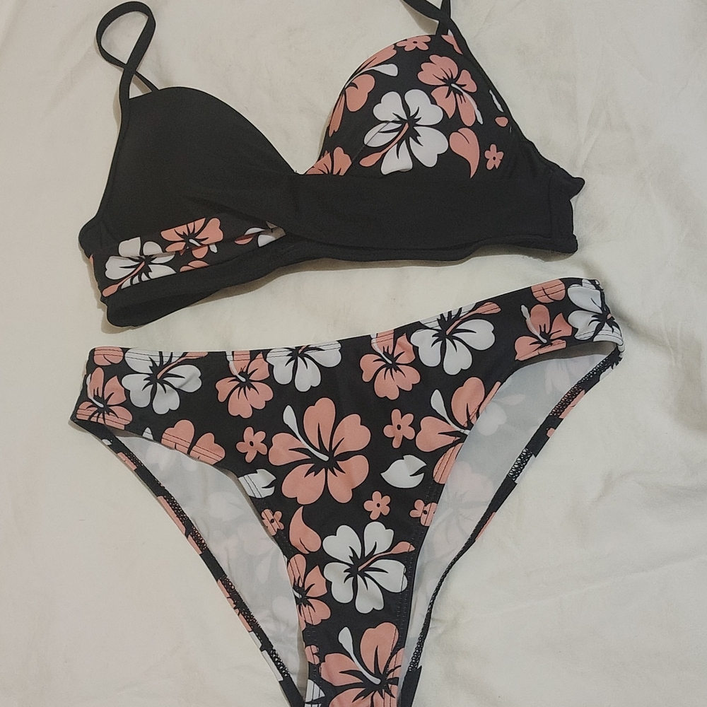 Floral Black and Pink Bikini Set
